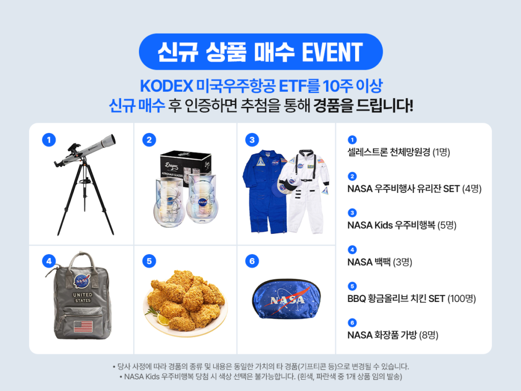 “신규 상품 매수 EVENT” 경품 안내: 천체망원경, NASA 유리잔 세트, 우주비행복, 백팩, 치킨 세트, 파우치 등 경품 이미지와 당첨 인원 정보가 나열된 구성.
