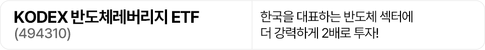KODEX 반도체레버리지 ETF(494310) 상품명을 보여주는 가로형 배너 이미지. 한국을 대표하는 반도체 섹터에 더 강하게 2배로 투자하는 레버리지 상품이라는 설명이 함께 적혀 있다.