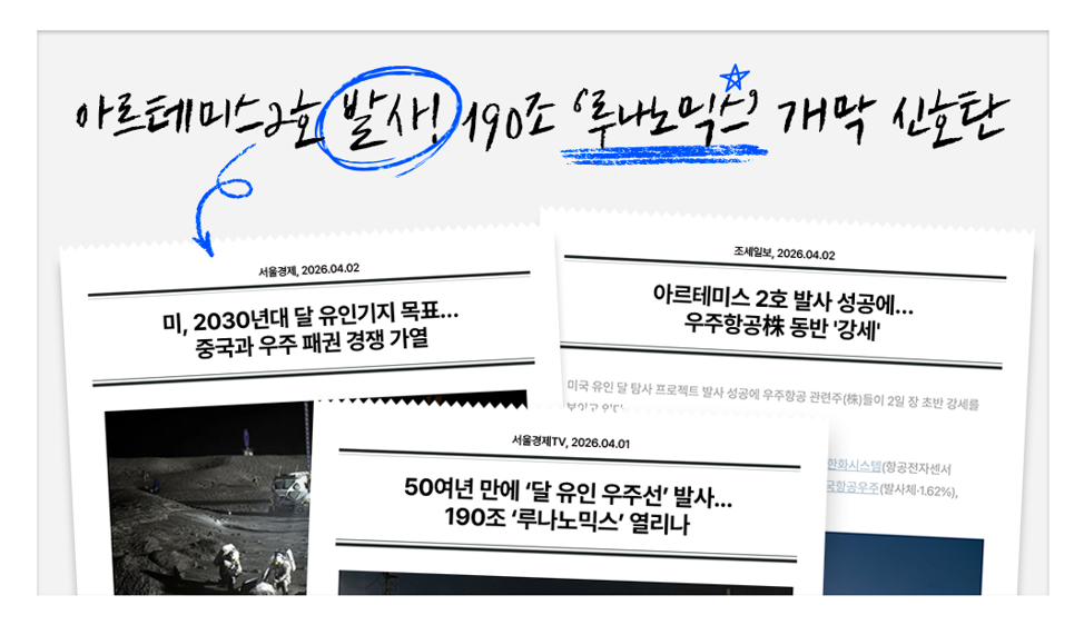 아르테미스 2호 발사를 계기로 190조 원 규모의 ‘루나믹스’ 개막 신호탄을 설명하는 이미지. 달 유인기지 목표, 우주 패권 경쟁, 우주항공주 강세 등을 다룬 기사 헤드라인이 콜라주 형태로 배치돼 있다.