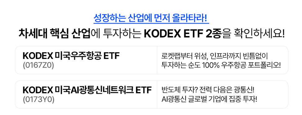 ‘성장하는 산업에 먼저 올라타라!’ 문구와 함께 KODEX 미국우주항공 ETF와 KODEX 미국AI광통신네트워크 ETF 두 상품을 소개한 비교 이미지. 우주항공 포트폴리오와 AI 광통신 글로벌 기업 집중 투자라는 핵심 특징을 함께 안내한다.
