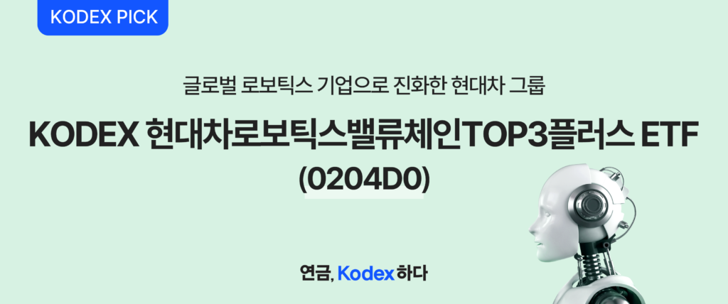 삼성자산운용 KODEX PICK – 글로벌 로보틱스 기업으로 진화한 현대차그룹, KODEX 현대차로보틱스밸류체인TOP3플러스(종목코드 0204D0) 소개 배너, 현대차·기아·현대모비스 75% 집중 + 보스턴다이나믹스 밸류체인 수혜 상품
