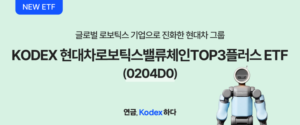 삼성자산운용 NEW ETF  – 글로벌 로보틱스 기업으로 진화한 현대차그룹, KODEX 현대차로보틱스밸류체인TOP3플러스(종목코드 0204D0) 소개 배너, 현대차·기아·현대모비스 75% 집중 + 보스턴다이나믹스 밸류체인 수혜 상품